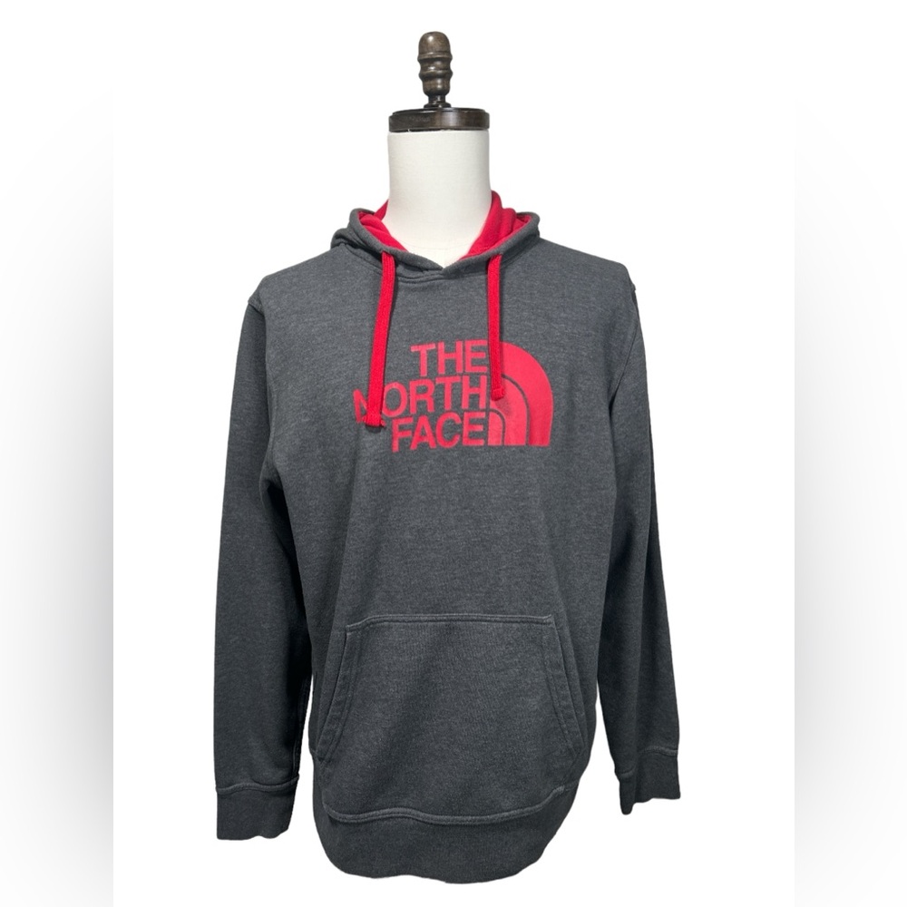 The North Face Hoodie Men’s Size Large Gray Red Pullover Sweatshirt Hooded
